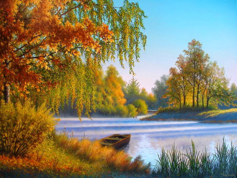 Autumn Boat on River