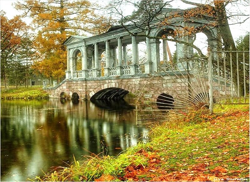 Autumn bridge in a park