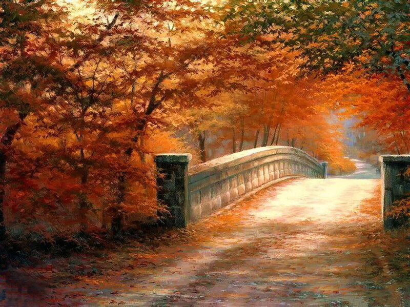 Autumn Bridge in Forest — Orange