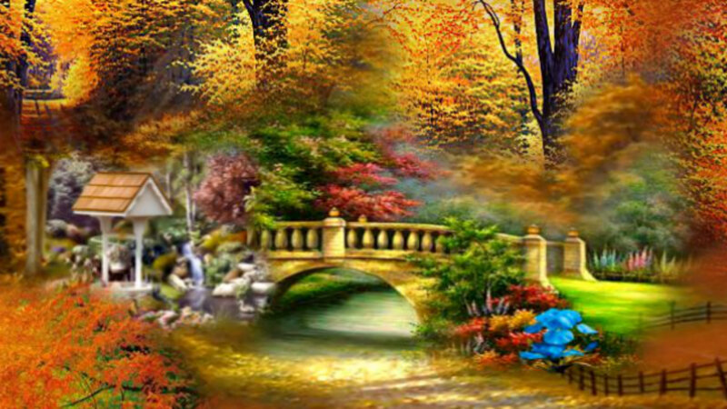 Autumn Bridge in Garden — Orange