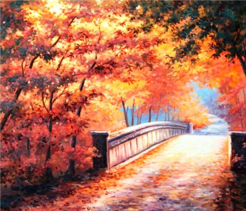 Autumn Bridge in Park — Orange, Serene