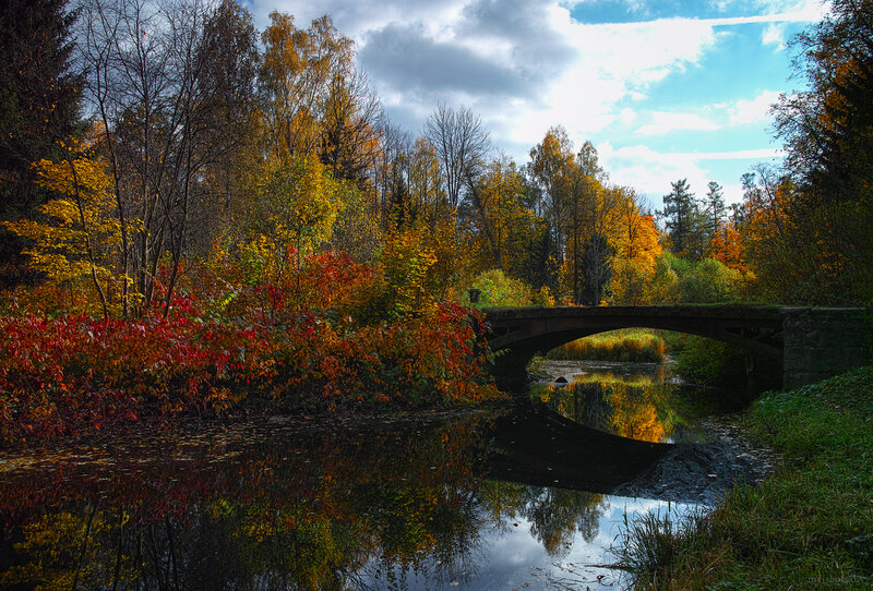 Autumn Bridge over River — Yellow