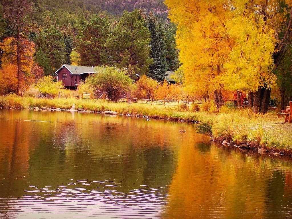 Autumn cabin by a lake