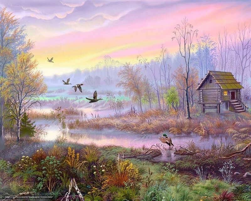 Autumn cabin by the lake