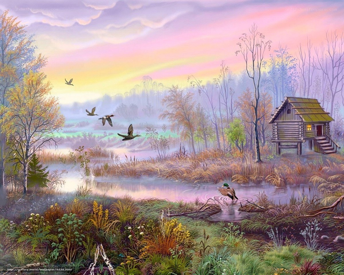 Autumn cabin by the lake