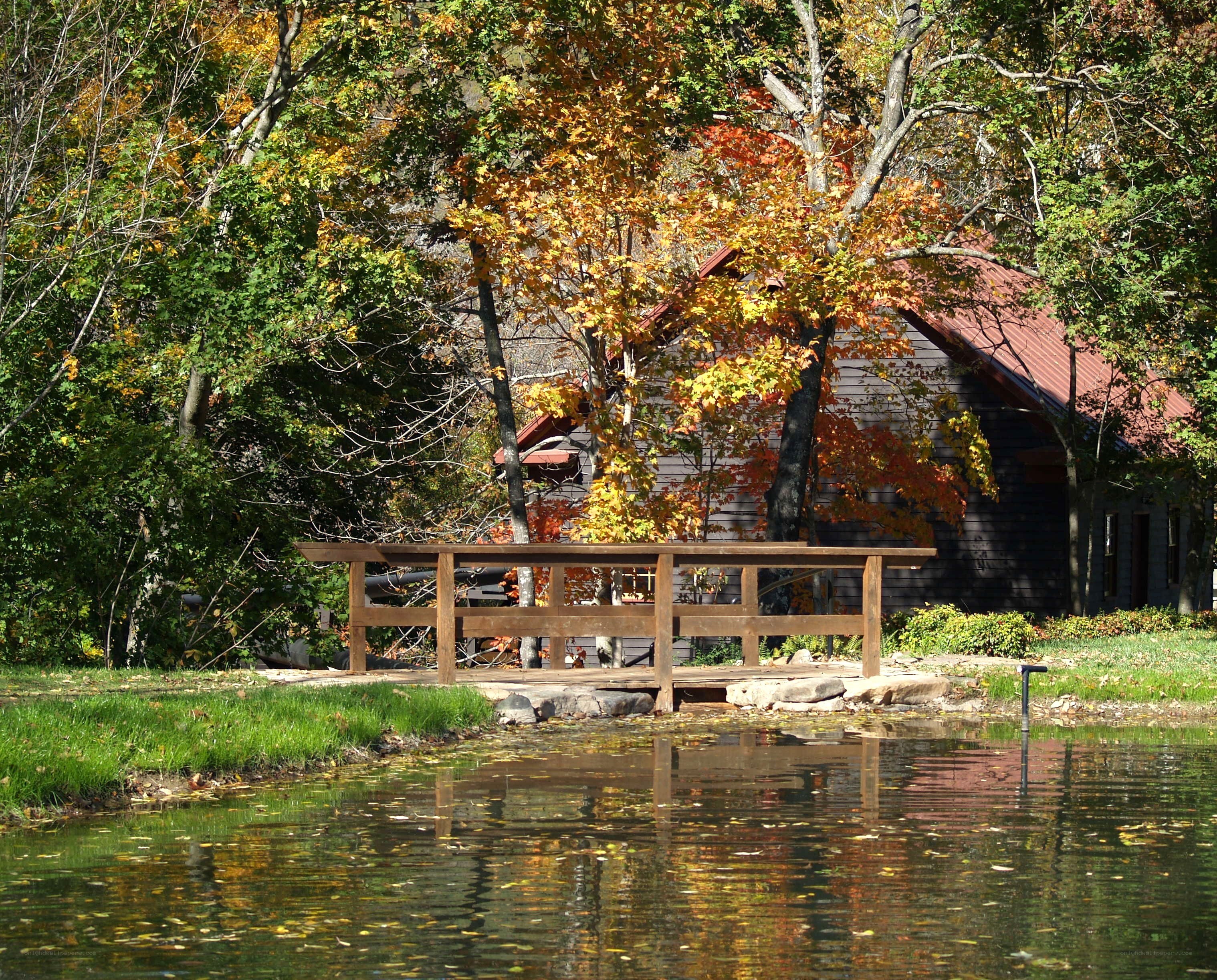 Autumn cabin by the pond