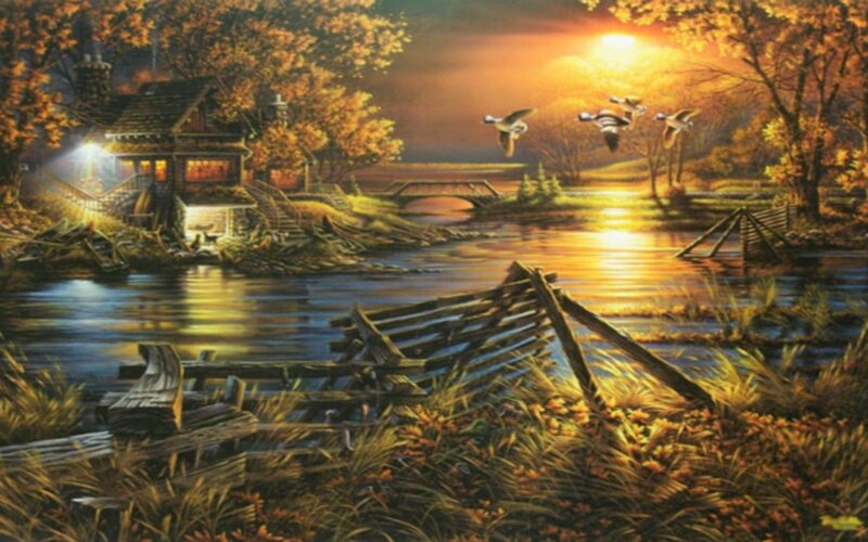 Autumn cabin by the river