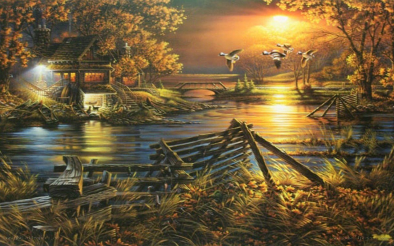 Autumn cabin by the river