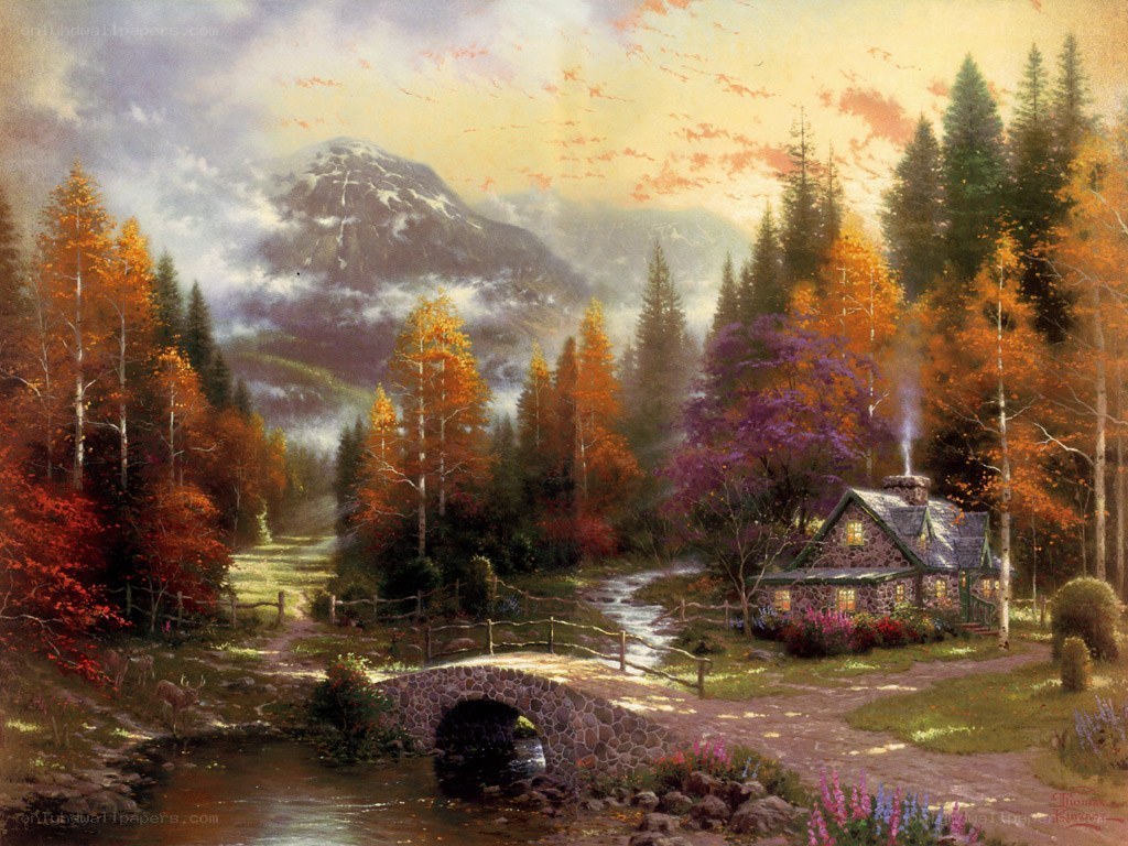 Autumn cabin by the stream
