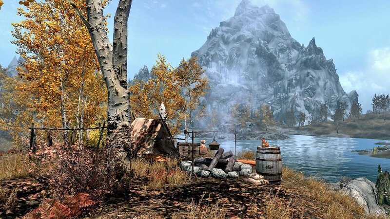 Autumn camp by a lake
