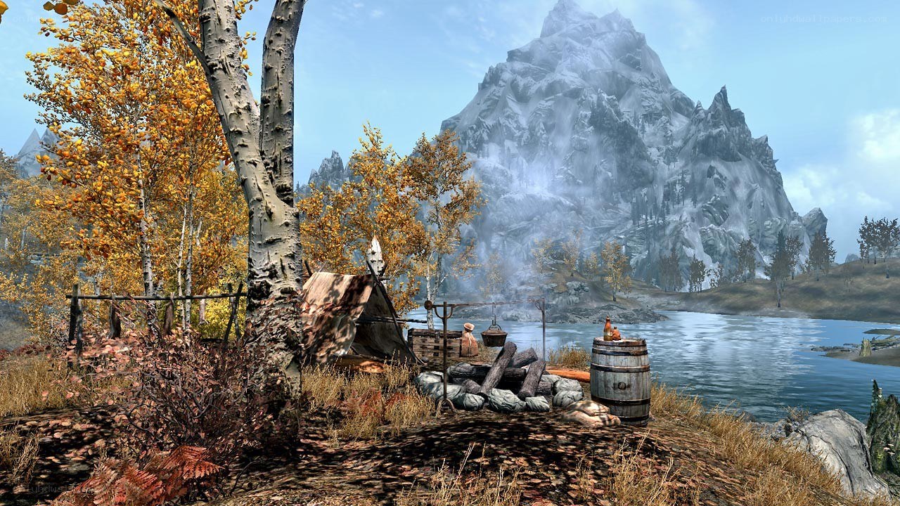 Autumn camp by a lake