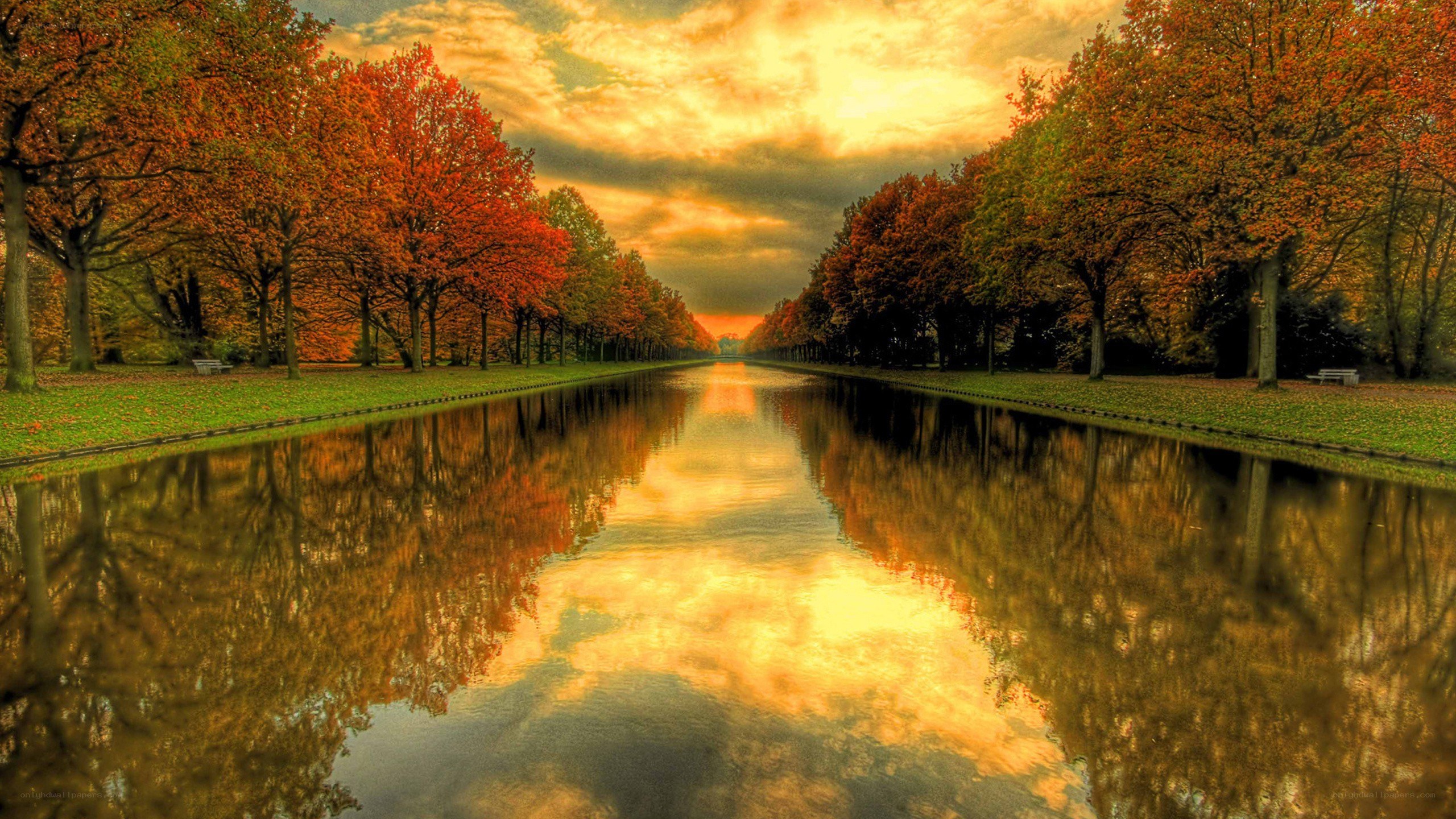 Autumn canal at sunset