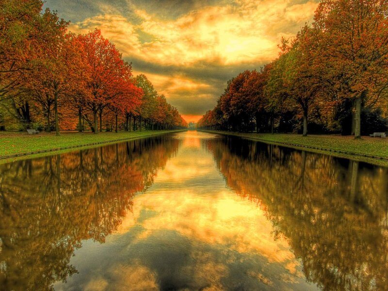 Autumn canal at sunset
