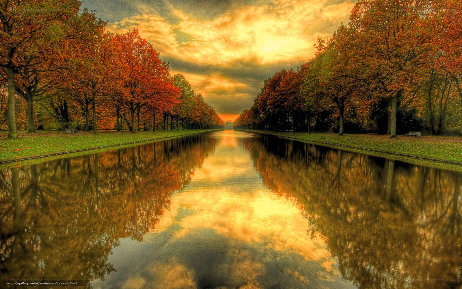 Autumn canal at sunset