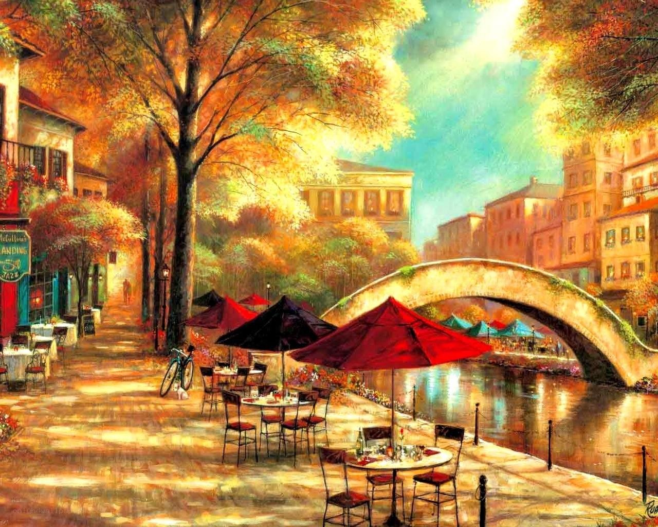 Autumn canal scene with bridge