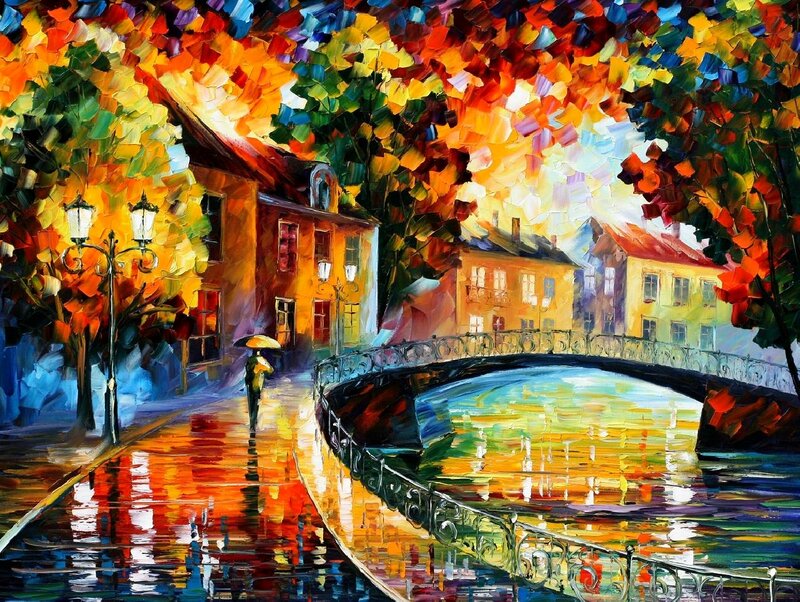 Autumn canal scene with bridge