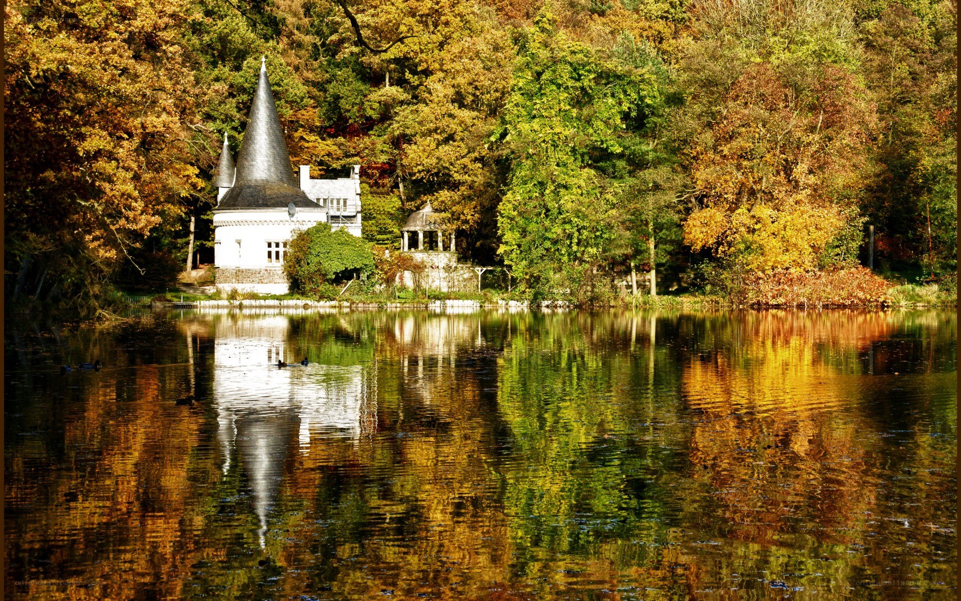 Autumn castle by the lake