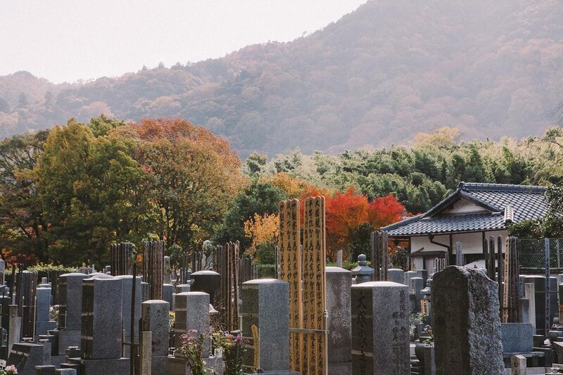 Autumn cemetery with mountain view