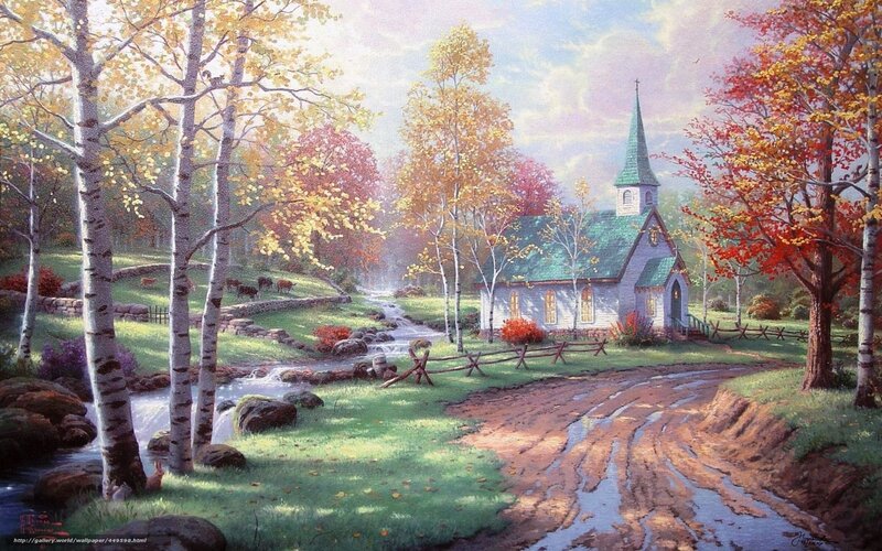 Autumn church by a stream