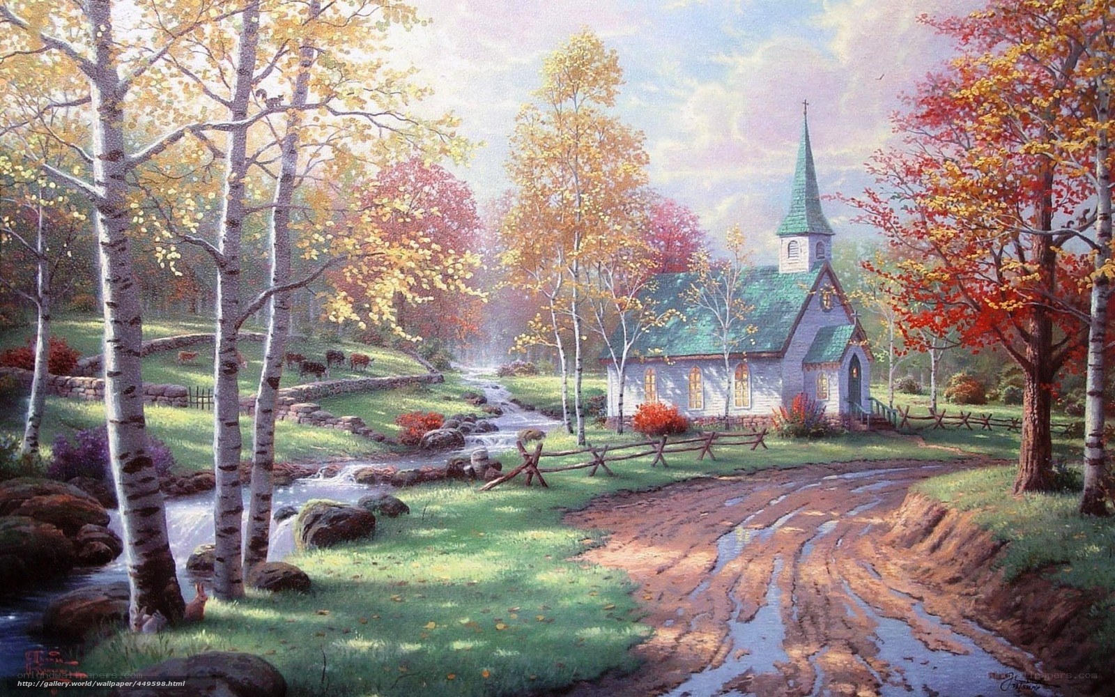 Autumn church by a stream