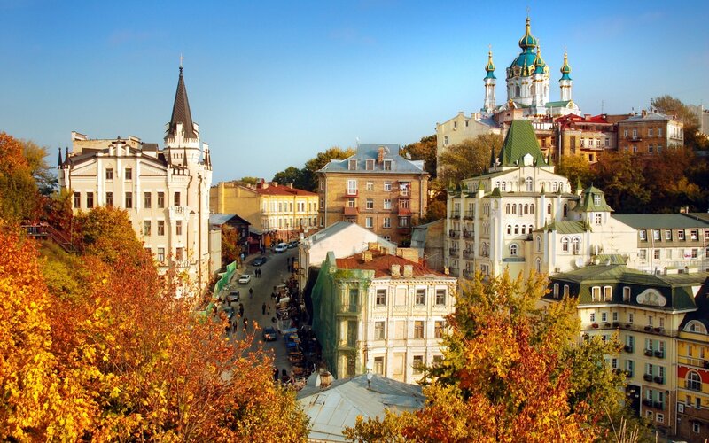 Autumn cityscape with historic buildings