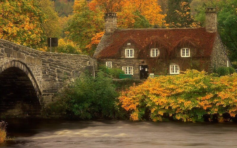 Autumn cottage by a river