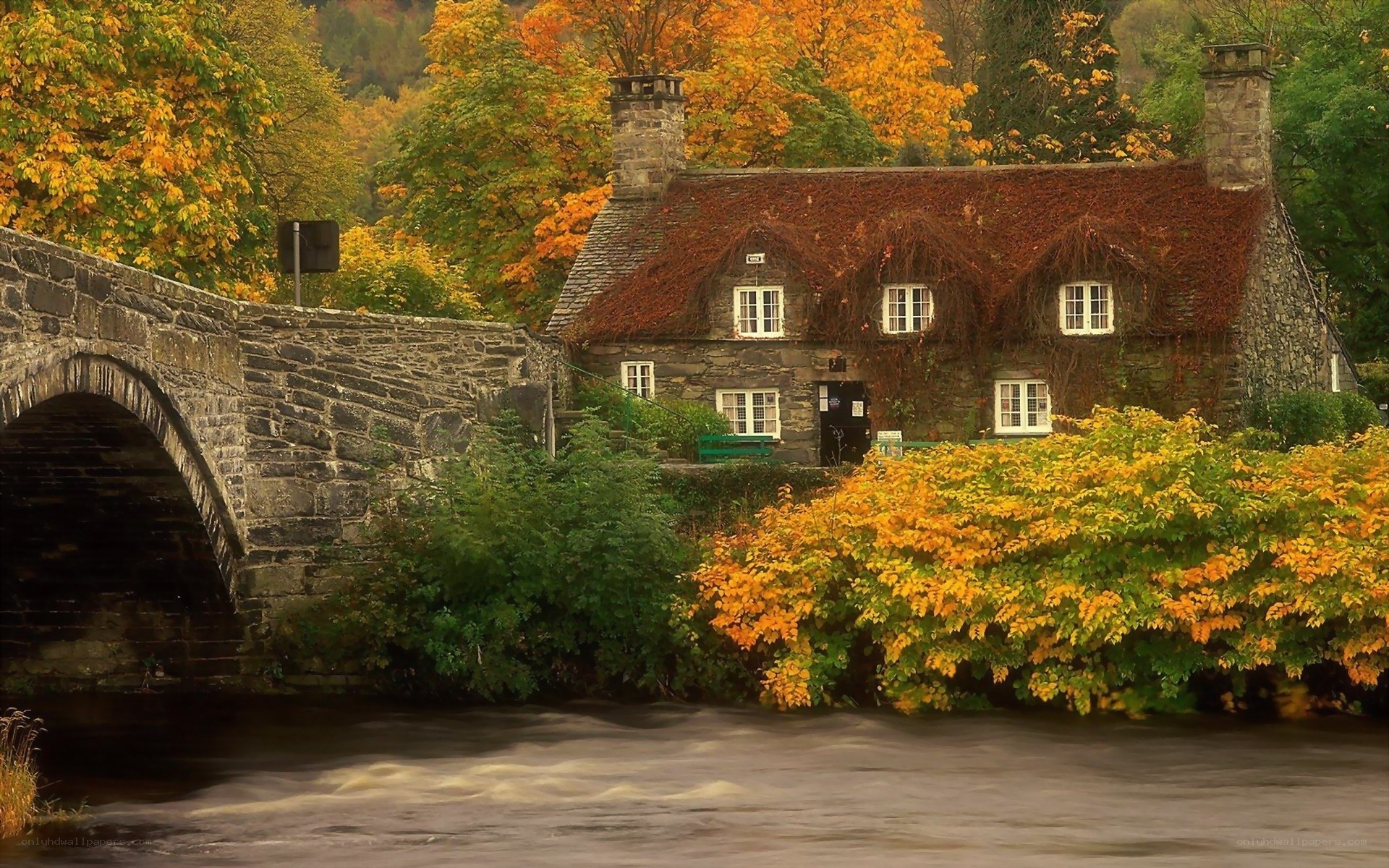 Autumn cottage by a river