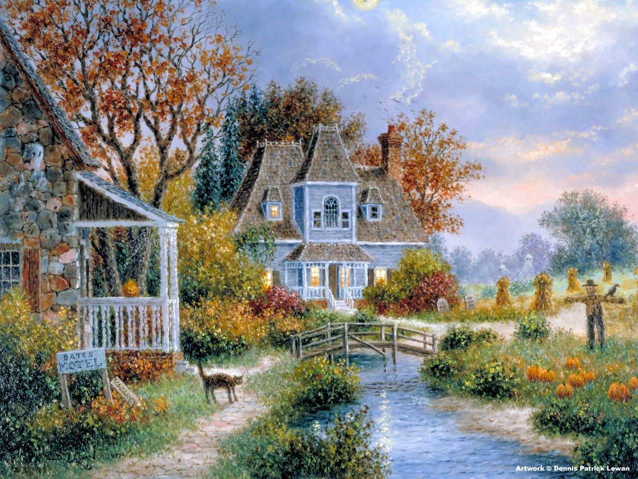 Autumn cottage by the river
