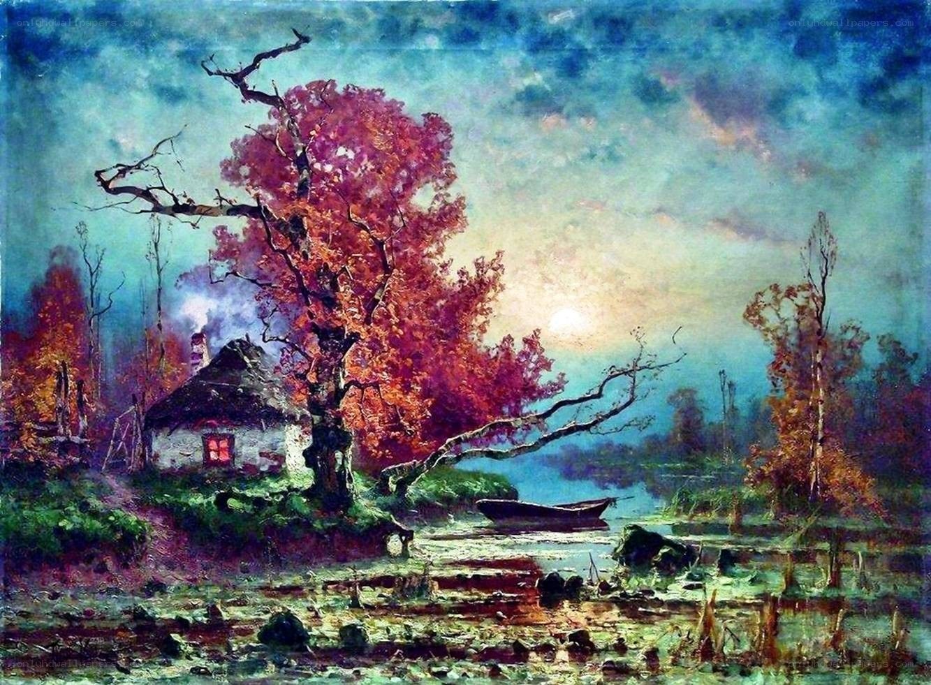 Autumn cottage by the river