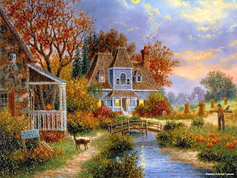 Autumn Cottage Scene — Blue