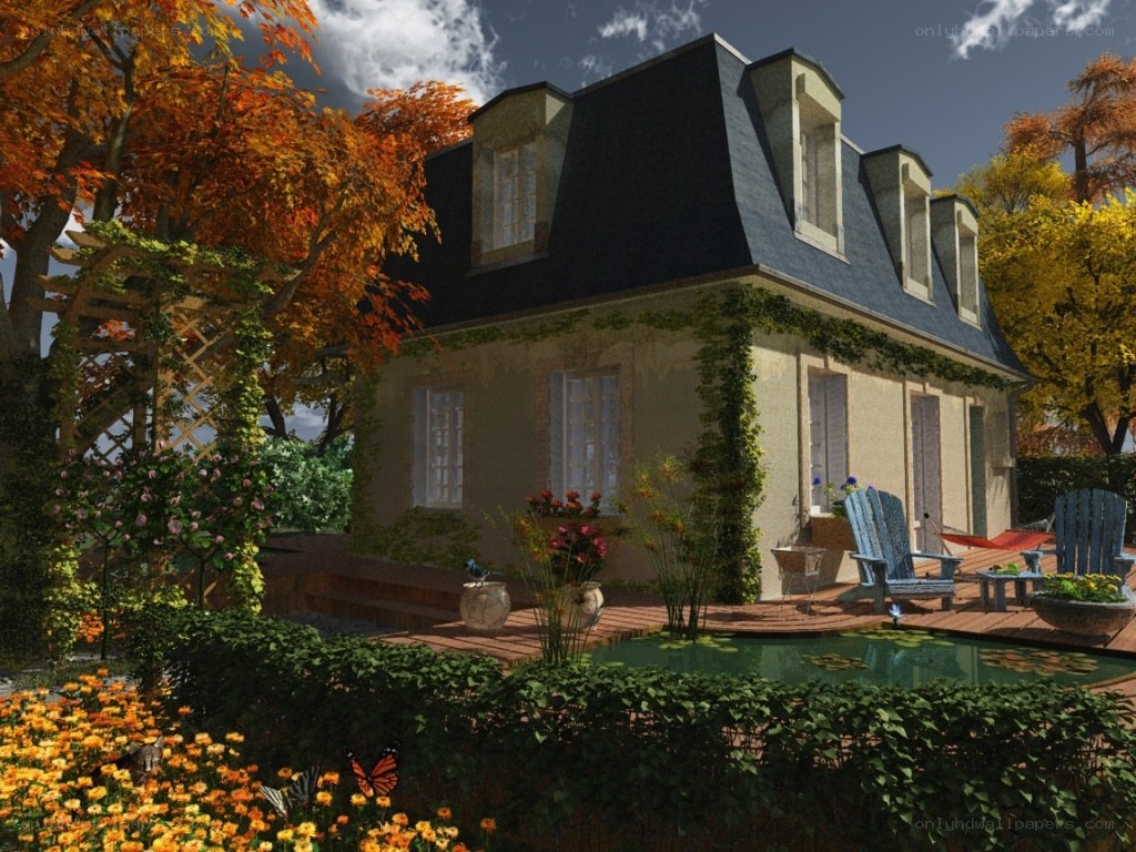 Autumn cottage with pond