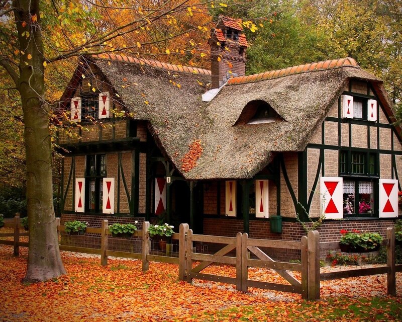 Autumn cottage with thatched roof