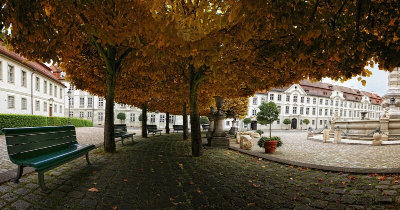Autumn courtyard with benches