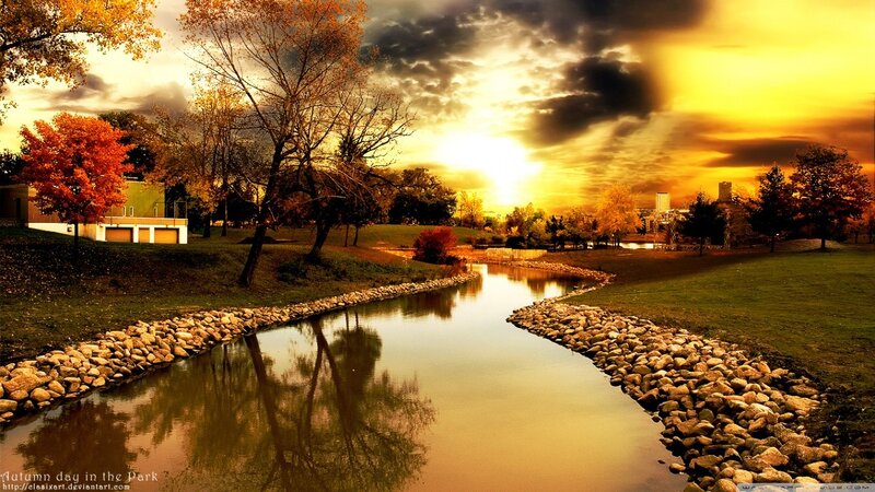 Autumn Day in the Park — Yellow, Dramatic, Sunset, Digital Art