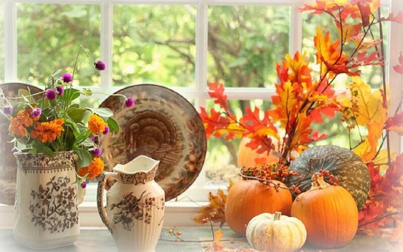 Autumn Decorations on Windowsill — Orange
