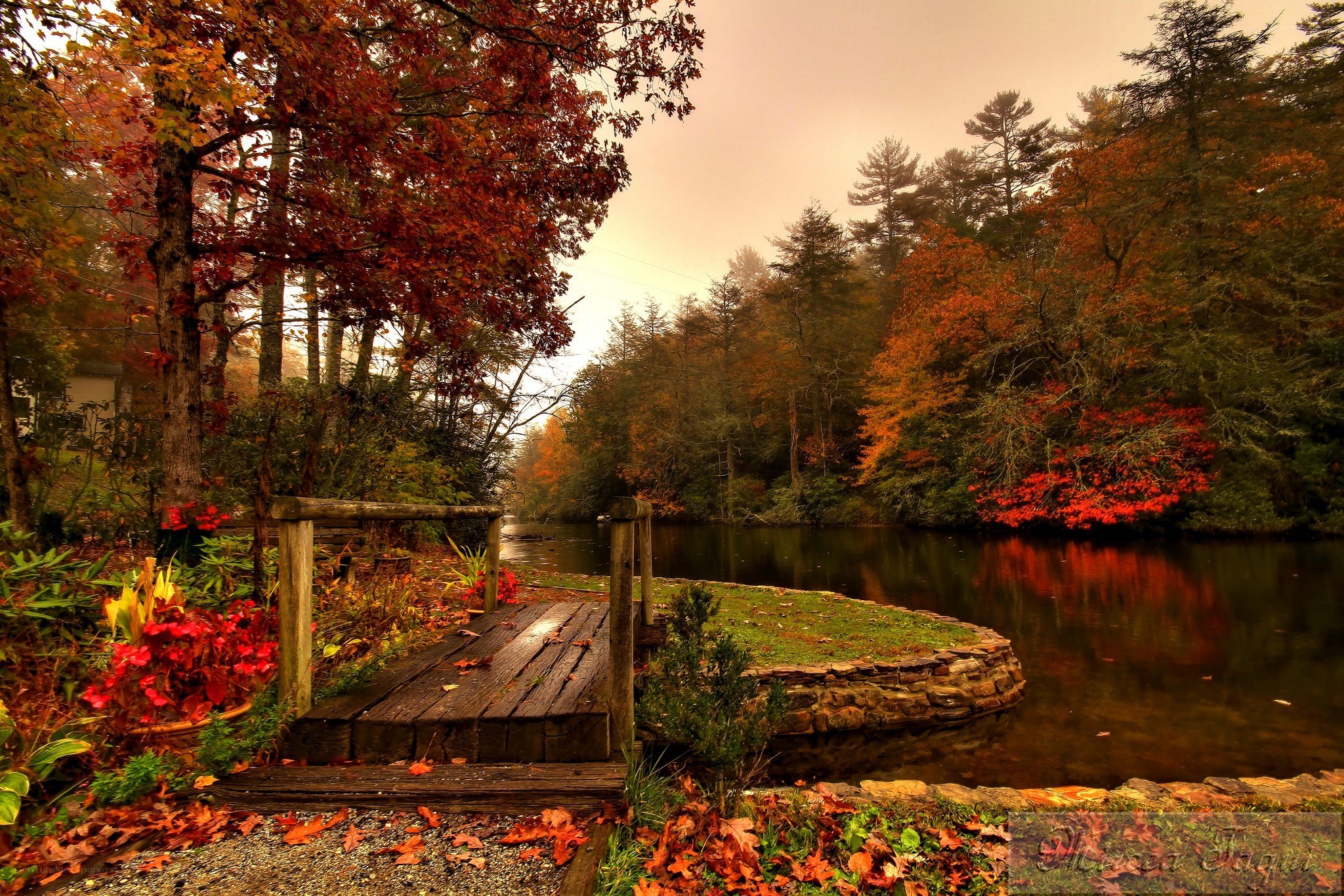 Autumn dock by a calm river