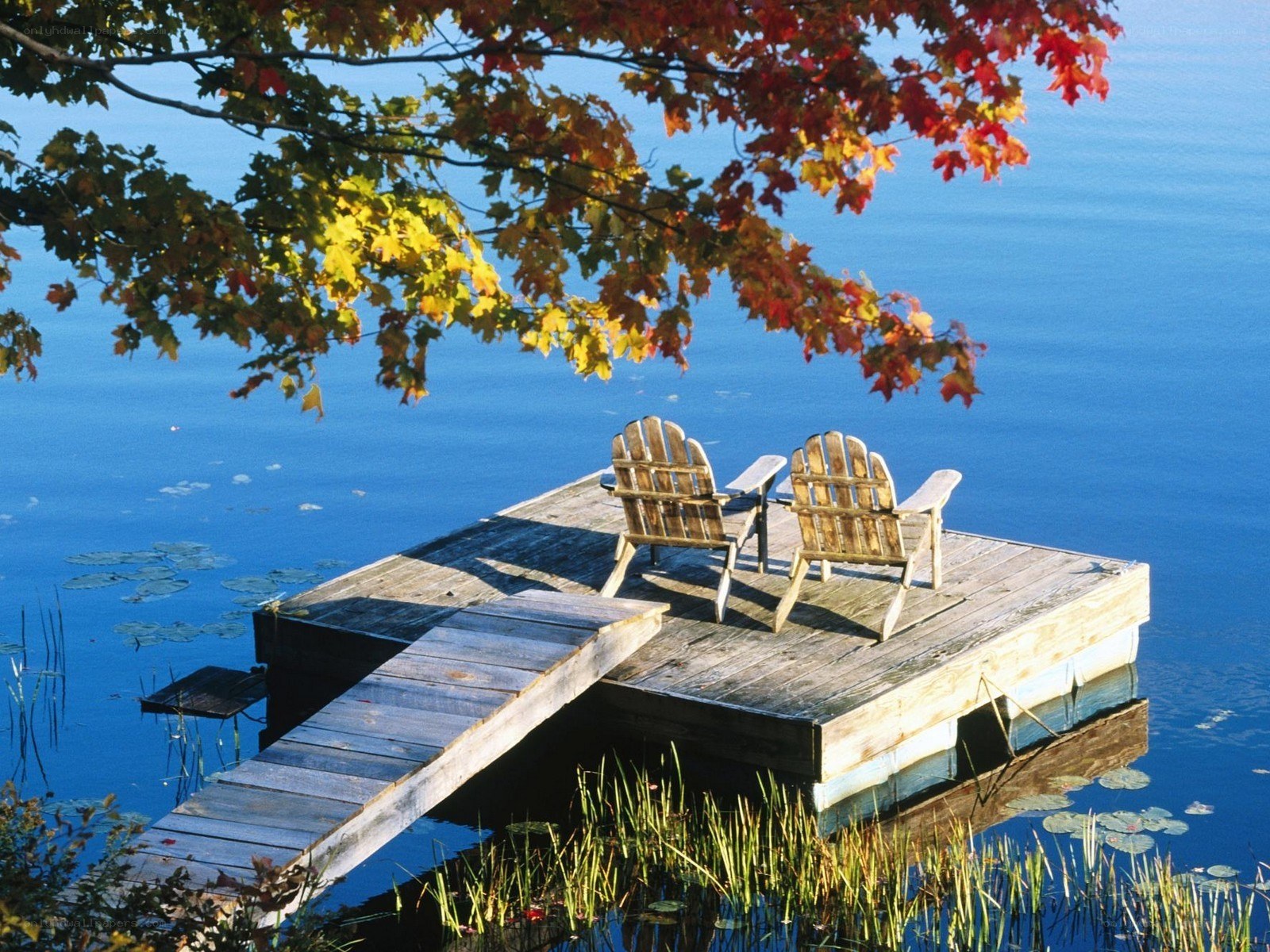Autumn dock with Adirondack chairs