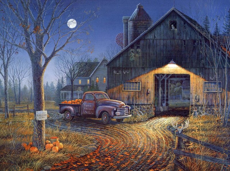 Autumn farm at night
