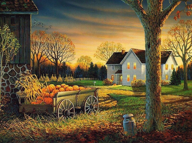 Autumn farm at sunset