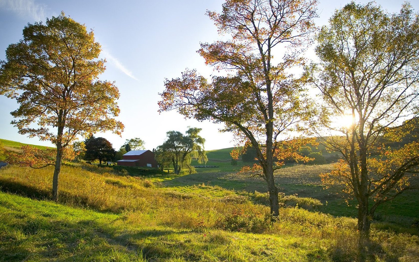 Autumn farm at sunset