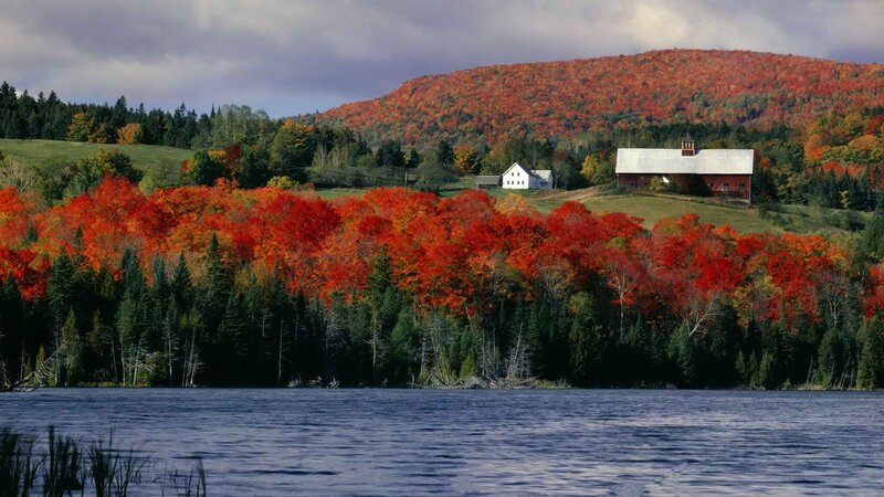 Autumn farm by the lake