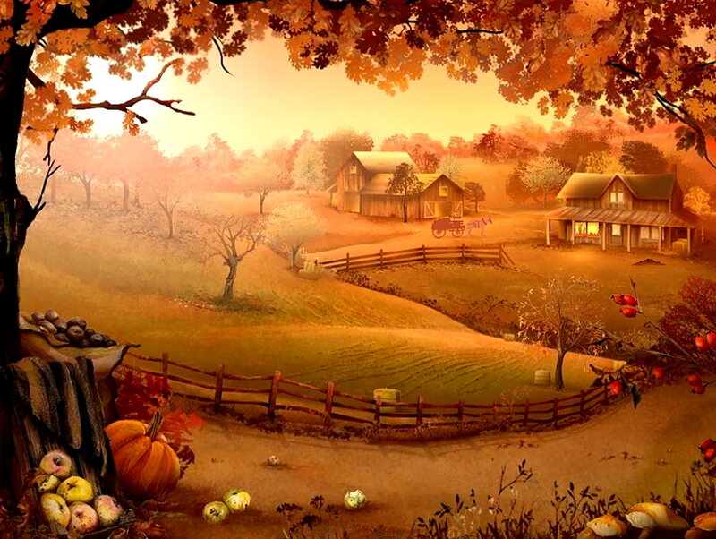Autumn Farm Landscape — Orange, Serene, Digital Art