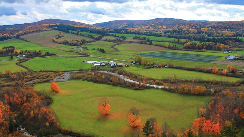 Autumn farm landscape with river