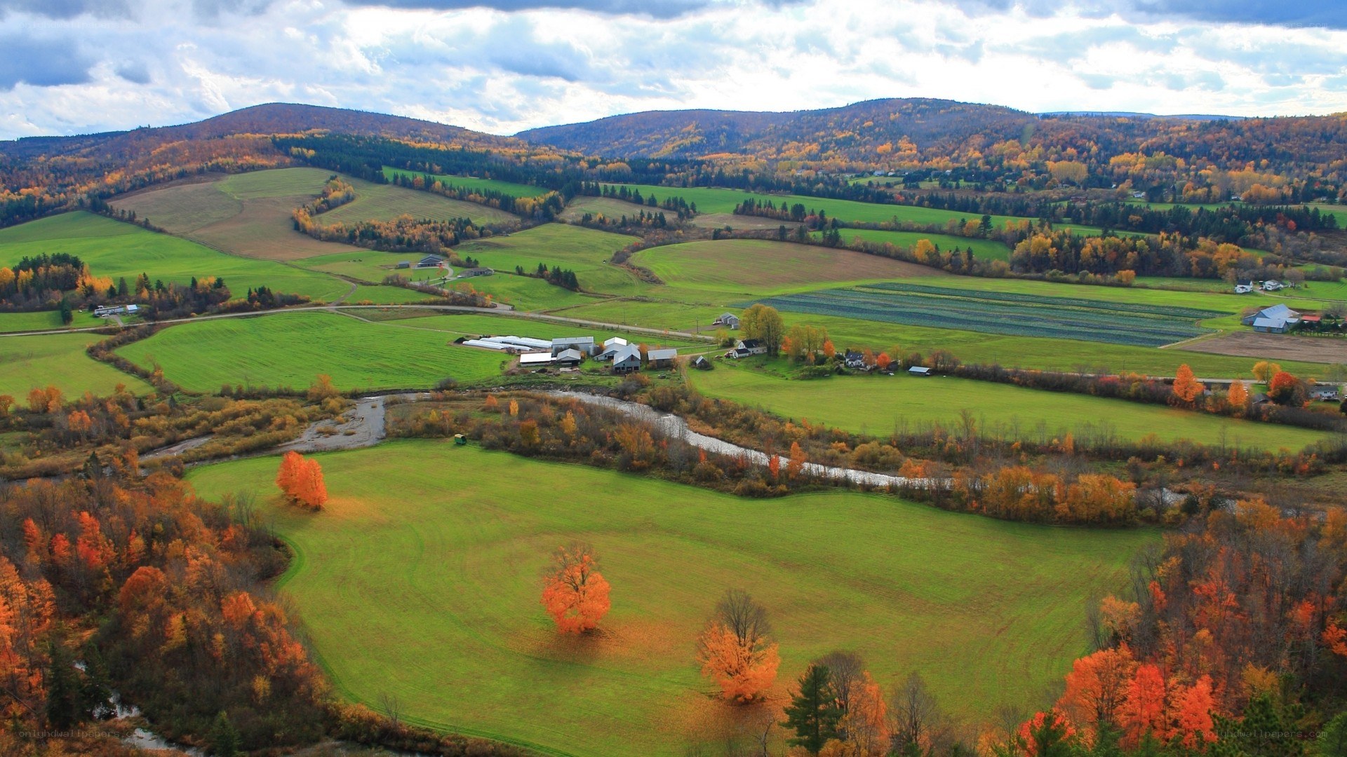 Autumn farm landscape with river