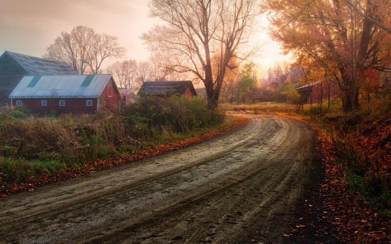 Autumn farm road at sunrise