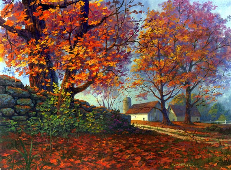 Autumn Farm Scene — Orange, Serene, Painting