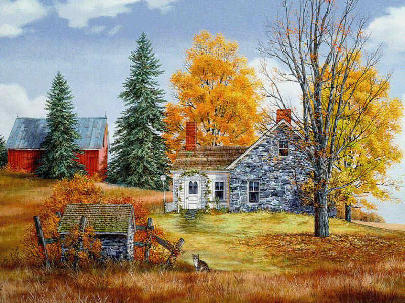 Autumn farm scene with stone house
