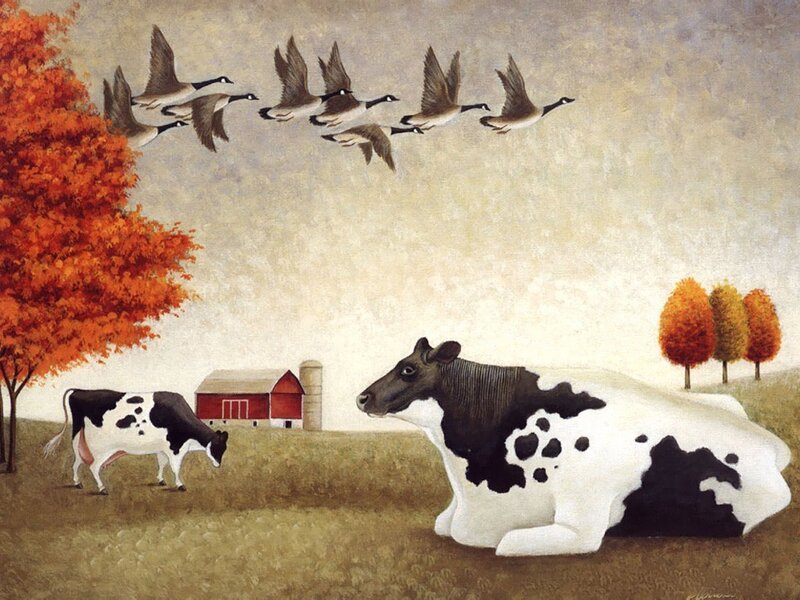 Autumn farm with cows and geese