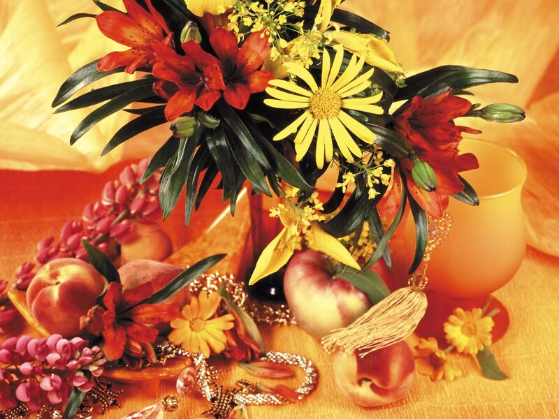 Autumn floral arrangement with fruit
