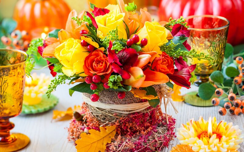 Autumn Flower Arrangement — Yellow, Festive, Photograph, Pumpkins